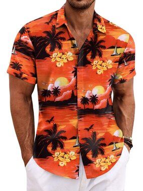 Men's Sunset-red Classic Beach Linen Short Sleeve Casual Imported Shirt